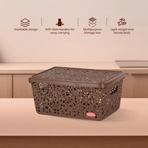 Image of Nayasa Flower Storage Plastic Basket Medium (29 cm X 21 cm X 14 cm, Dark Brown) (SSB050)
