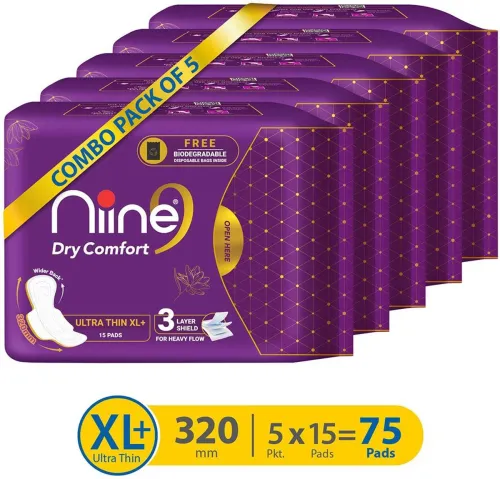 Image of niine Dry Comfort Ultra Thin XL+ SUPER SAVER Sanitary Napkins with Biodegradable bags inside