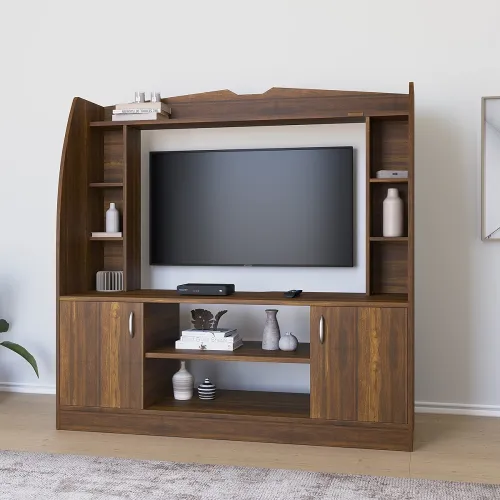 Image of Nilkamal Beaumont Engineered Wood Wall Unit | TV Entertainment Unit Accommodate Upto 32' TV (Classic Walnut)