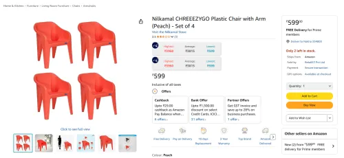 Image of Nilkamal CHREEEZYGO Plastic Chair with Arm (Peach) - Set of 4