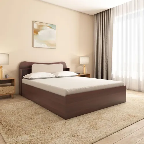 Image of Nilkamal Daffodil King Bed: Engineered wood bed with storage headboard, 1-year warranty, Walnut finish.