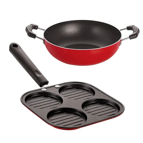 Image of Nirlon Non Stick Cookware Set, 2 Pieces Uttapam 4 Cavity & 18.5cm Kadhai