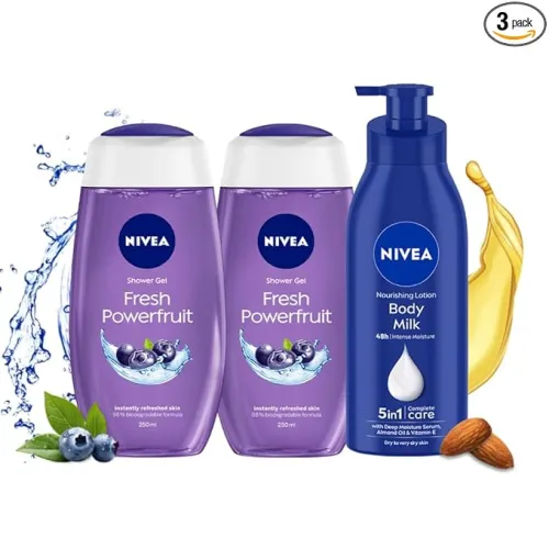 Image of NIVEA Body Lotion, 400ml (Pack of 3) | Powerfruit Shower Gel | 250ml