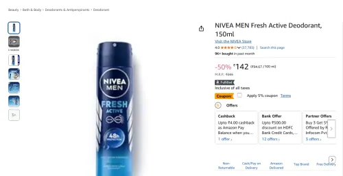 Image of NIVEA MEN Fresh Active Deodorant, 150ml