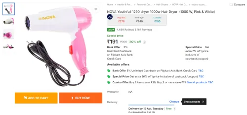Image of NOVA Youthfull 1290 dryer 1000w Hair Dryer (1000 W, Pink & White)