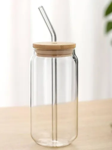 Image of OM RADHEY Drinking Glass with Bamboo Lid and Glass Straw