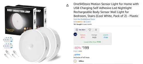 Image of One94Store USB Rechargeable Motion Sensor Lights Pack of 2