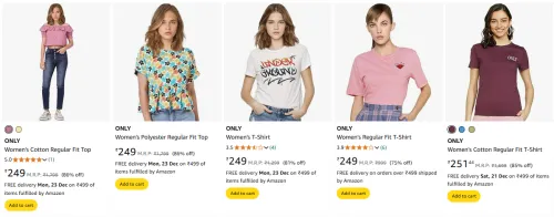 Image of ONLY Women's Regular Fit T-Shirt up to 86% Discount
