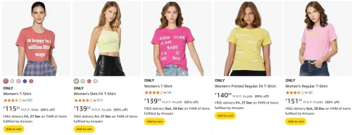 Image of ONLY Women's T-Shirt minimum 75-89% Discount