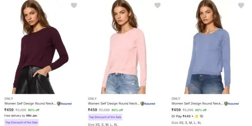 Image of ONLY Women Self Design Round Neck Sweater Starting Price @ ₹459