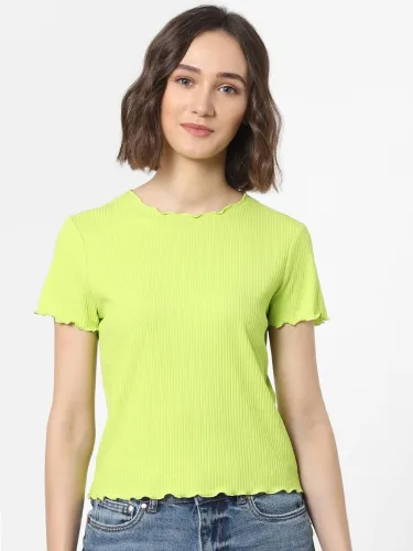 Image of ONLY Women Solid Round Neck Polyester Green T-Shirt