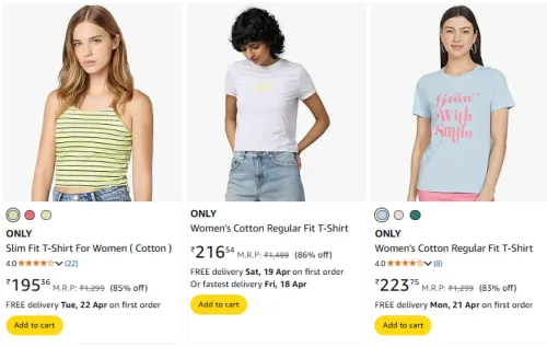 Image of ONLY Women's T-Shirt at Minimum 70% Discount