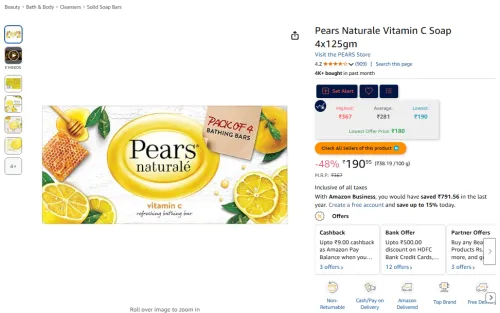 Image of Pears Naturale Vitamin C Soap 4x125gm