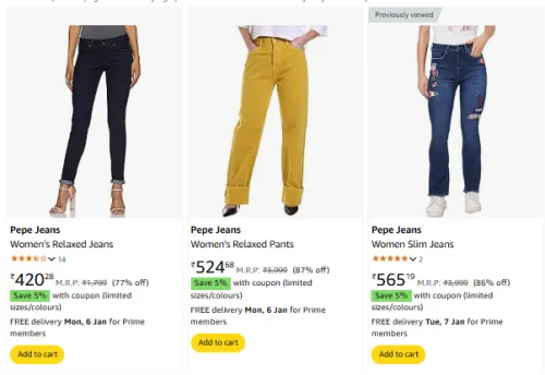 Image of Pepe Jeans Brand Women Jeans/Pants @ Up to 87% Discount | Plus Extra Coupon Discount