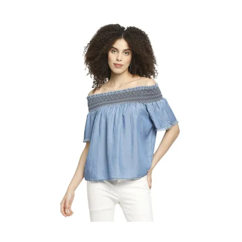 Image of Pepe Jeans Women's Round Neck Textured Off Shoulder Regular Fit Top