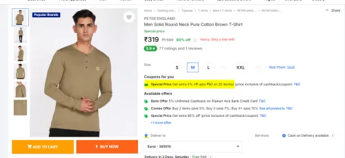 Image of PETER ENGLAND Men Cotton Brown T-Shirt