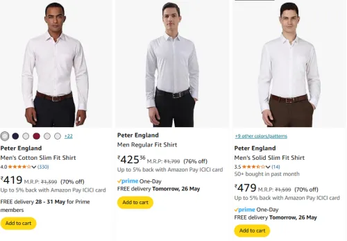 Image of Peter England Men's Shirts at minimum 70% Discount