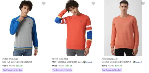 Image of Peter England Men's Sweatshirts at minimum 60% Discount