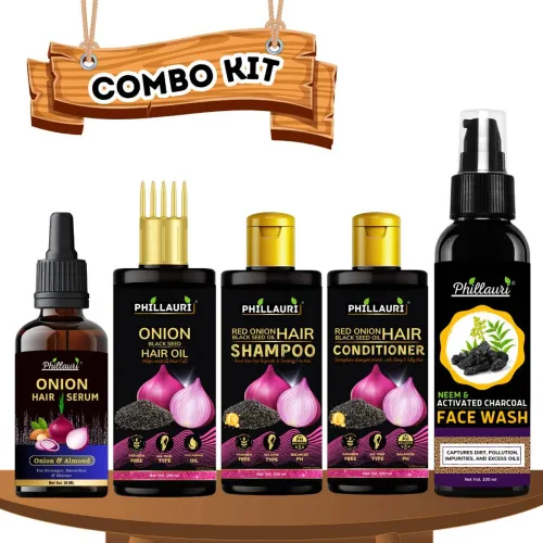 Image of Phillauri Red Onion Blackseed Hair Combo Kit with Neem Facewash Combo Kit (5 Items in the set)