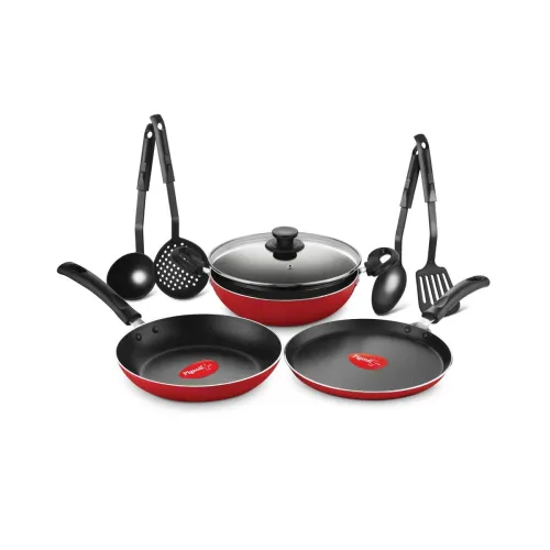 Image of Pigeon Mio 8-Pc Nonstick Cookware Set (Tawa, Fry Pan, Kadai + Tools, Red)