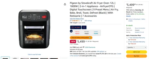 Image of Pigeon by Stovekraft Air Fryer Oven 12L