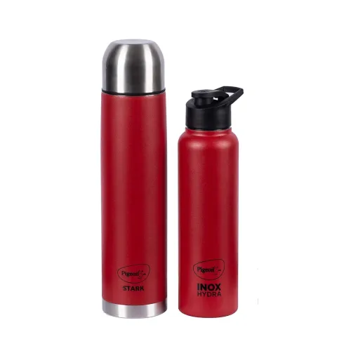 Image of Pigeon by Stovekraft Therminox Stark Plus Vacuum Insulated Flask 1000ml Red + INOX Hydra Red Single Walled Fridge Bottle