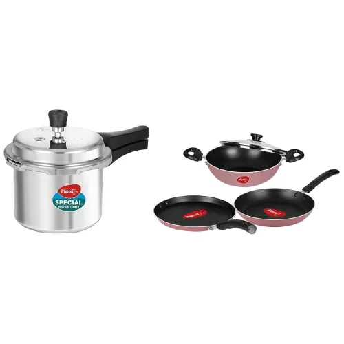 Image of Pigeon Non-Stick Cookware + 3L Pressure Cooker Set (Aluminium, Silver)