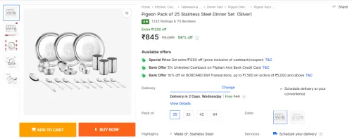 Image of Pigeon Pack of 25 Stainless Steel Dinner Set (Silver)