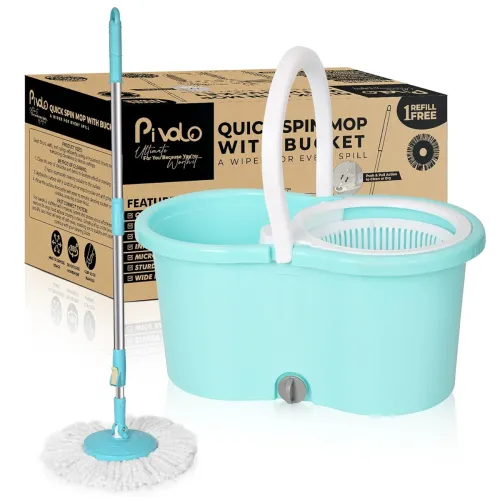Image of Pivalo Bucket Quick Spin Mop with 2 Microfiber Wet Dry Mophead Floor Cleaning pocha