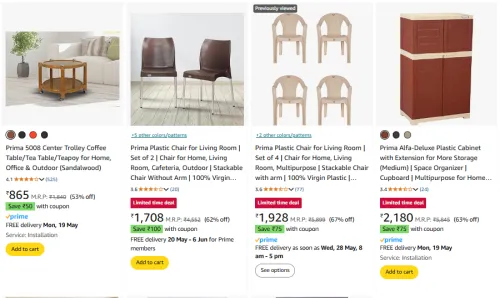 Image of Price Drop on Prima Plastic Chair & Cabinets + Extra ₹75 Coupon Discount