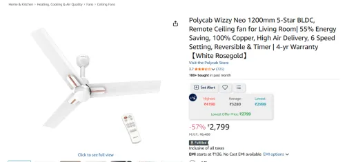 Image of Polycab Wizzy Neo 1200mm 5-Star BLDC, Remote Ceiling fan