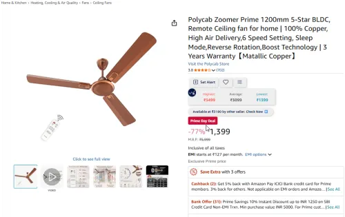 Image of Polycab Zoomer Prime 1200mm 5-Star BLDC, Remote Ceiling fan for home | 100% Copper, High Air Delivery,6 Speed Setting, S
