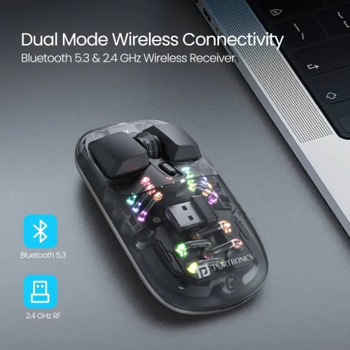 Image of Portronics Toad 5 Transparent Wireless Mouse, Bluetooth & 2.4 GHz, Rechargeable,