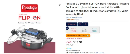 Image of Prestige 3L Svachh FLIP-ON Hard Anodised Pressure Cooker