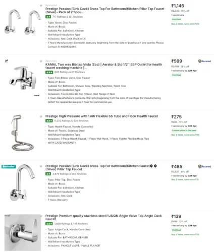 Image of Prestige Bathroom and Kitchen Fittings Minimum 70% Discount