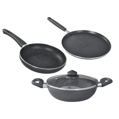 Image of Prestige Omega Deluxe Granite Aluminium 3 Pcs Set (Tawa, Fry Pan, Kadai) with Glass Lid