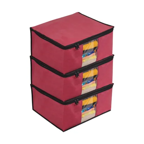 Image of Prettykrafts Set of 3 Non Woven Foldable Saree Cover/Cloth Storage Bag/Wardrobe Organizer