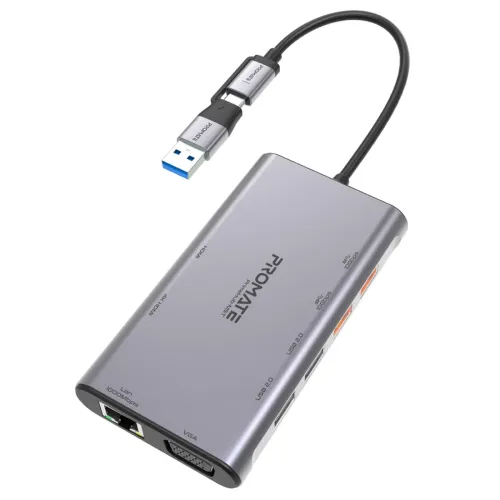 Image of Promate 9in1 USB-C Hub w/ Dual HDMI, LAN, PD 20W