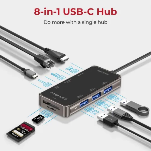 Image of Promate PrimeHub-Mini 8-in-1 USB C Hub, Multi USB Port Type C Hub Adapter with 100W USB-C