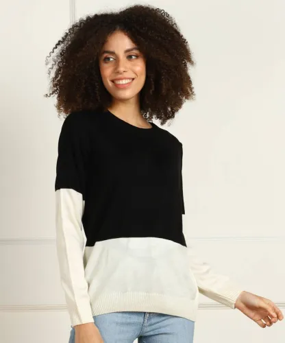 Image of PROVOGUE Women Colorblock Round Neck Black, White Sweater