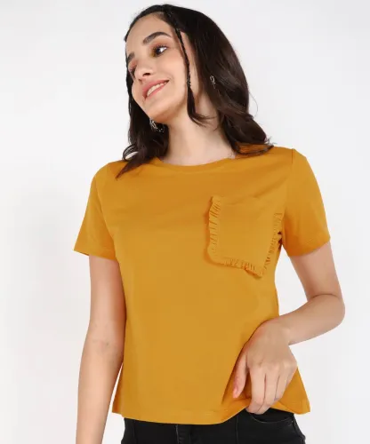 Image of PROVOGUE Women Solid Round Neck Cotton Blend Yellow T-Shirt