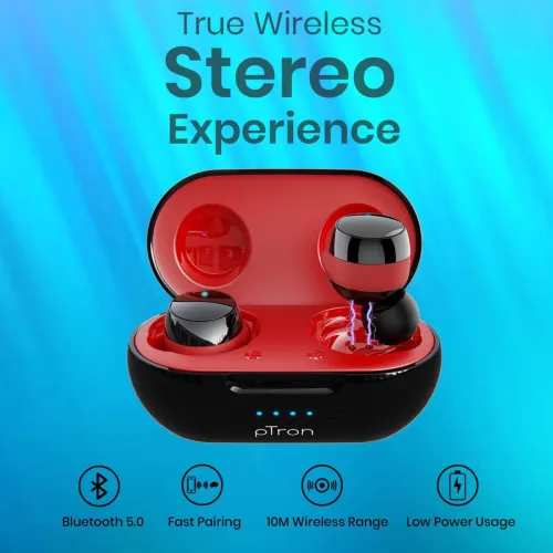 Image of PTron Bassbuds Evo Bluetooth  (Black, Red, True Wireless)