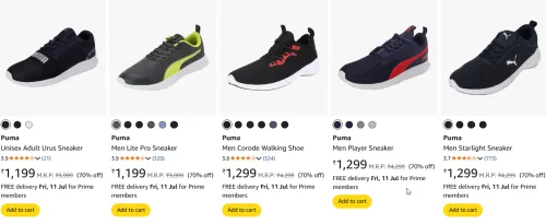 Image of puma men's sneakers starting @ ₹1199