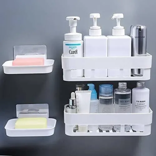 Image of QXORE ABS Plastic Kitchen Hanging Shelf Storage Rack Self Adhesive Traceless