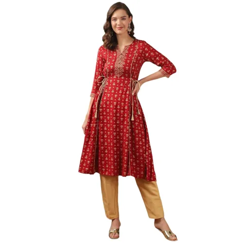 Image of Rangita Maroon Rayon Calf Length Printed A-line Kurti for Women