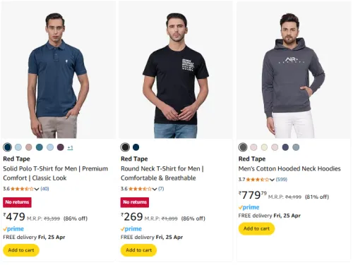 Image of Red Tape Brand Men's T-shirt @ Up to 86% Discount
