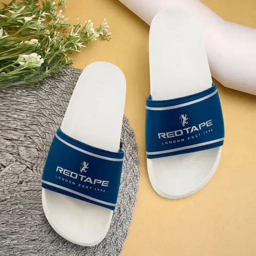Image of RED TAPE Women Slides (White, Navy , 5)