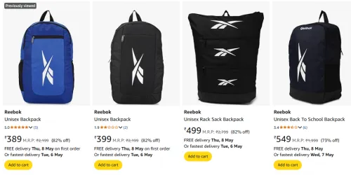 Image of Reebok Unisex Backpack Starting @ ₹389