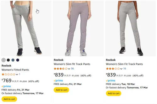 Image of Reebok Women's Fitted Pants Starting Price At ₹769