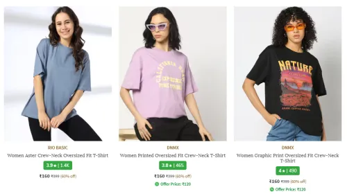 Image of RIO BASIC Women’s Oversized Crew-Neck T-Shirt Starting At @₹160